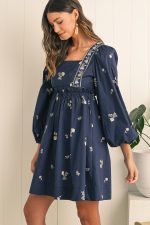 Blue Floral Print Puff Sleeve Babydoll Dress - Image 3
