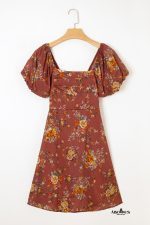 Red Floral Puff Sleeve Square Neck Knot Open Back Mini Dress - Image 8