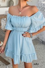Mist Blue Frill Square Neck Half Sleeve Mini Dress - Image 4