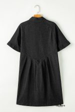 Black Short Sleeve Button Up Loose Denim Shirt Dress - Image 4