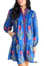 Sky Blue Floral Print Pop of Color V Neck Mini Dress - Image 4