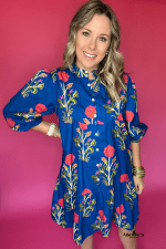 Blue Floral Print Button Front 3/4 Puff Sleeve Ruffle Hem Dress - Image 4