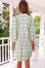 Green Geometric Floral Print 3/4 Sleeve Notched Neck Mini Dress - Image 2