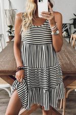 Black Stripe U Neck Sleeveless Loose Fit Mini Dress - Image 3