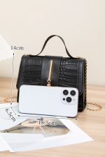 Black Textured Leather Buckle Chain Shoulder Bag - Image 10