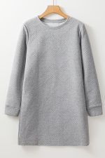 Gray Solid Color Textured Long Sleeve Shift Short Dress - Image 8