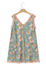 Sky Blue Allover Floral Print Ricrac Sleeveless Boho Mini Dress - Image 16