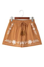 Khaki Embroidered Tassel Tie Elastic Waist Shorts - Image 15