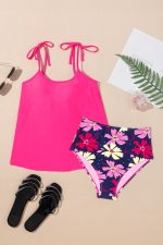 Rose Red Solid Color Cami and Floral Print Panty Tankini Set - Image 12