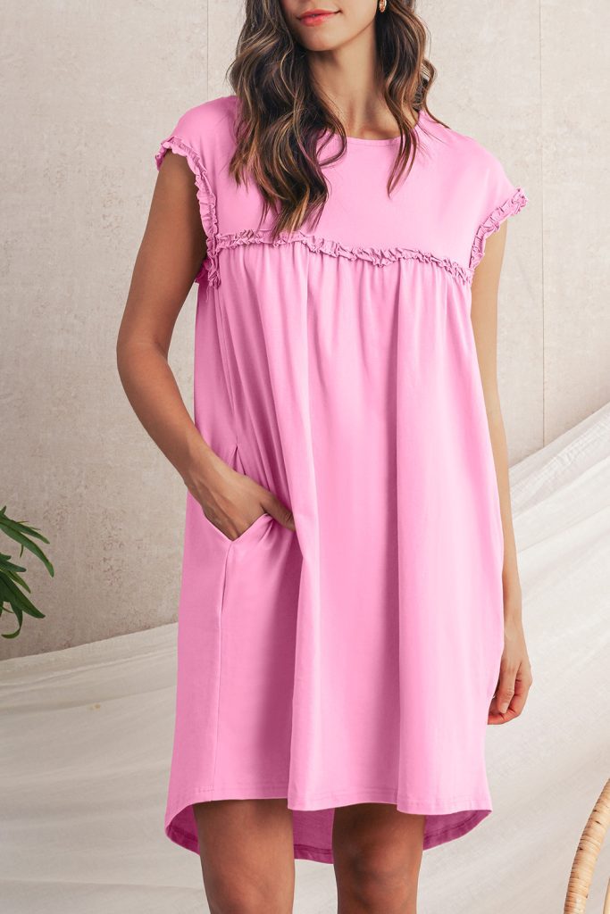Pink Frilled Trim Crewneck Loose Fit Mini Dress