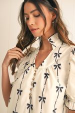Beige Cute Bowknot Printed Bubble Sleeve V Neck Mini Dress - Image 7