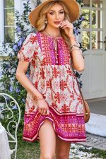 Rose Boho Floral Short Sleeve Tie V Neck Mini Dress - Image 7