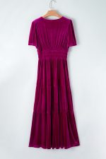 Red Dahlia Velvet Short Sleeve Shirred Waist Tiered Maxi Dress - Image 9