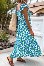 Blue Floral Print Square Neck Ruffled Strap Maxi Dress - Image 3