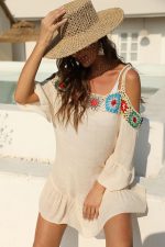 Apricot Crochet Flower Strap Off Shoulder Ruffle Beach Dress - Image 3