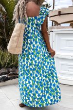 Blue Floral Print Square Neck Ruffled Strap Maxi Dress - Image 6