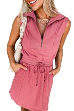 Mineral Red Terry Zipped Collar Sleeveless Drawstring Waist Mini Dress - Image 17