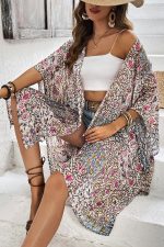 Apricot Floral Print Short Wide Sleeve Open Front Loose Kimono - Image 5