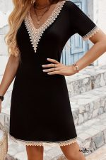 Black Lace Trim V Neck Short Sleeve Mini Dress - Image 3