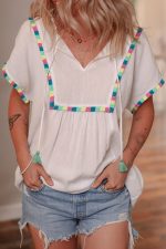 White Colorful Fringed Detail Tassel Tie Neck Short Sleeve Cover Up - Image 3