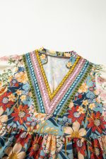 Multicolor Allover Floral Print Tiered Pop of Color Neckline Dress - Image 10