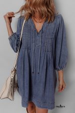 Sail Blue Pleated V Neck 3/4 Sleeve Denim Mini Dress - Image 3