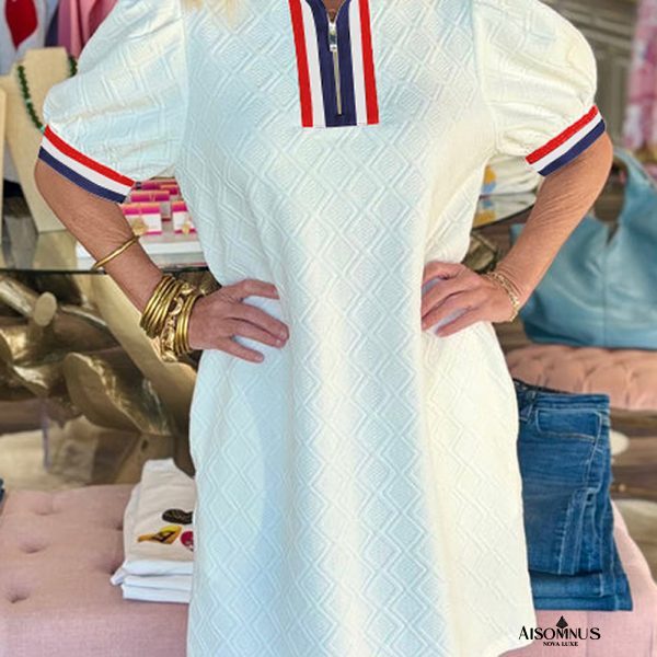 White Pop of Color Neckline Plaid Textured Puff Sleeve Mini Dress