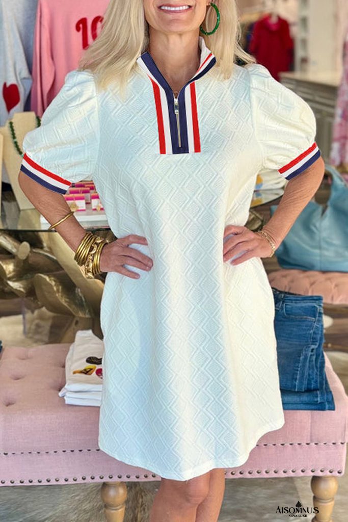 White Pop of Color Neckline Plaid Textured Puff Sleeve Mini Dress