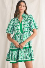 Bright Green Abstract Print Puff Sleeve Pop of Color Neckline Dress - Image 5