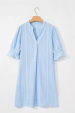 Beau Blue Split V-Neck Jacquard Eyelet Mini Dress - Image 6