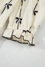 Beige Cute Bowknot Printed Bubble Sleeve V Neck Mini Dress - Image 13