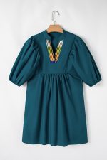 Blue Sapphire Puff Sleeve Pleated Pop of Color Neckline Dress - Image 4