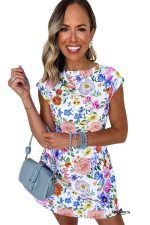 Sky Blue Vibrant Floral Print Cap Sleeve Mini Dress - Image 13