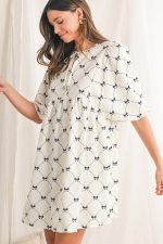White Sweet Bow Print Lantern Sleeve Mini Dress - Image 5