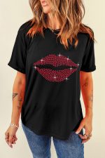 Black Shiny Lip Shape Graphic Crew Neck Tee - Image 4