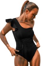 Black Asymmetric Ruffle Shoulder Ruched One Piece Swimsuit - Image 21