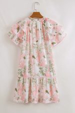 Pink Floral Contrast Edge Ruffle Sleeve Tie Neck Mini Dress - Image 10