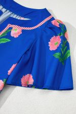 Blue Striped Trim Short Sleeve Split Neck Floral Mini Dress - Image 9