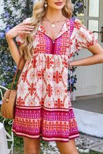 Rose Boho Floral Short Sleeve Tie V Neck Mini Dress