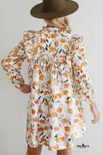 Yellow Floral Print Tie Neck Frill Detail Long Sleeve Mini Dress - Image 2
