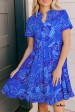 Blue Floral Print Ruffle Hem V Neck Flowy Mini Dress
