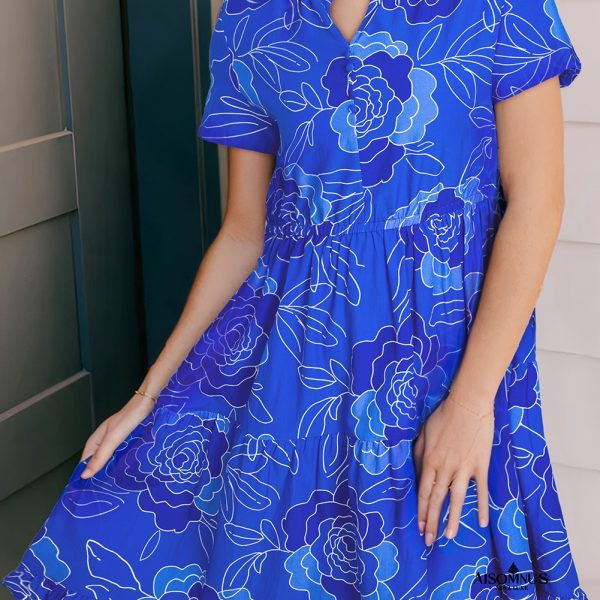Blue Floral Print Ruffle Hem V Neck Flowy Mini Dress