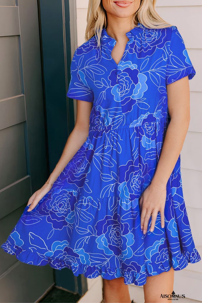 Blue Floral Print Ruffle Hem V Neck Flowy Mini Dress