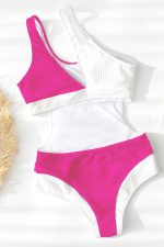 Bright Pink Color Block Cut Out One Shoulder One Piece Swimsuit - Image 4