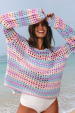 Purple Striped Hollow Knit Summer Beach Cover Up - Image 4