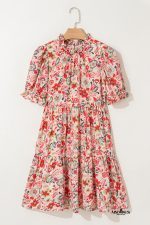 Multicolour Floral Print Frilled Neck Puff Sleeve High Waist Dress - Image 8
