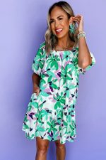 Green Floral Print Shirred Square Neck Loose Fit Mini Dress - Image 3