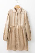 Apricot Metallic Sheen Puff Sleeve Button Up Mini Shirt Dress - Image 15