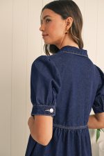 Dirty Blue Puff Sleeve Half Zipper Denim Flowy Dress - Image 9