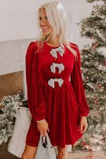 Fiery Red Bowknot Decor High Waist Velvet Mini Dress - Image 3